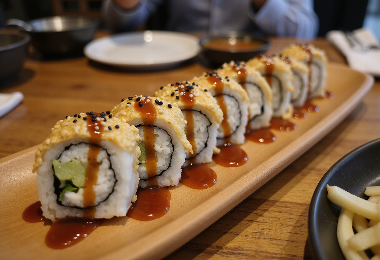 Dragon roll maison avec crevettes tempura tranché, présenté magnifiquement pour être servi.