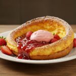 Dutch Baby décoré avec confiture chaude de fraises, parfait pour un petit-déjeuner chaleureux.