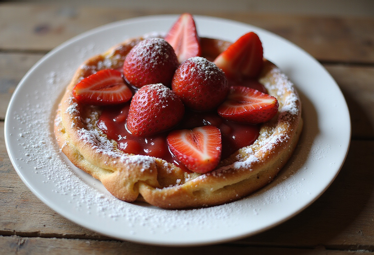 Dutch Baby décoré avec confiture chaude de fraises, parfait pour un petit-déjeuner chaleureux.