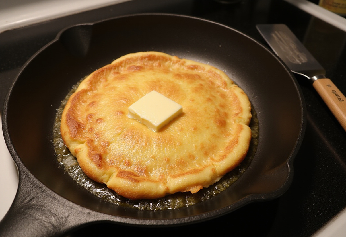 Beurre en train de fondre dans une poêle pour la recette de gâteau néerlandais.