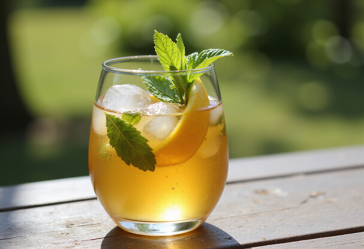 Verre rafraîchissant d'eaux infusées prêt à être dégusté, mettant en valeur les saveurs vibrantes des fruits et des herbes infusés.