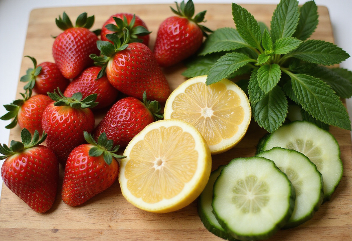 Ingrédients pour les eaux infusées sur une planche à découper, présentant des fruits frais et des herbes pour la recette d'eau infusée.