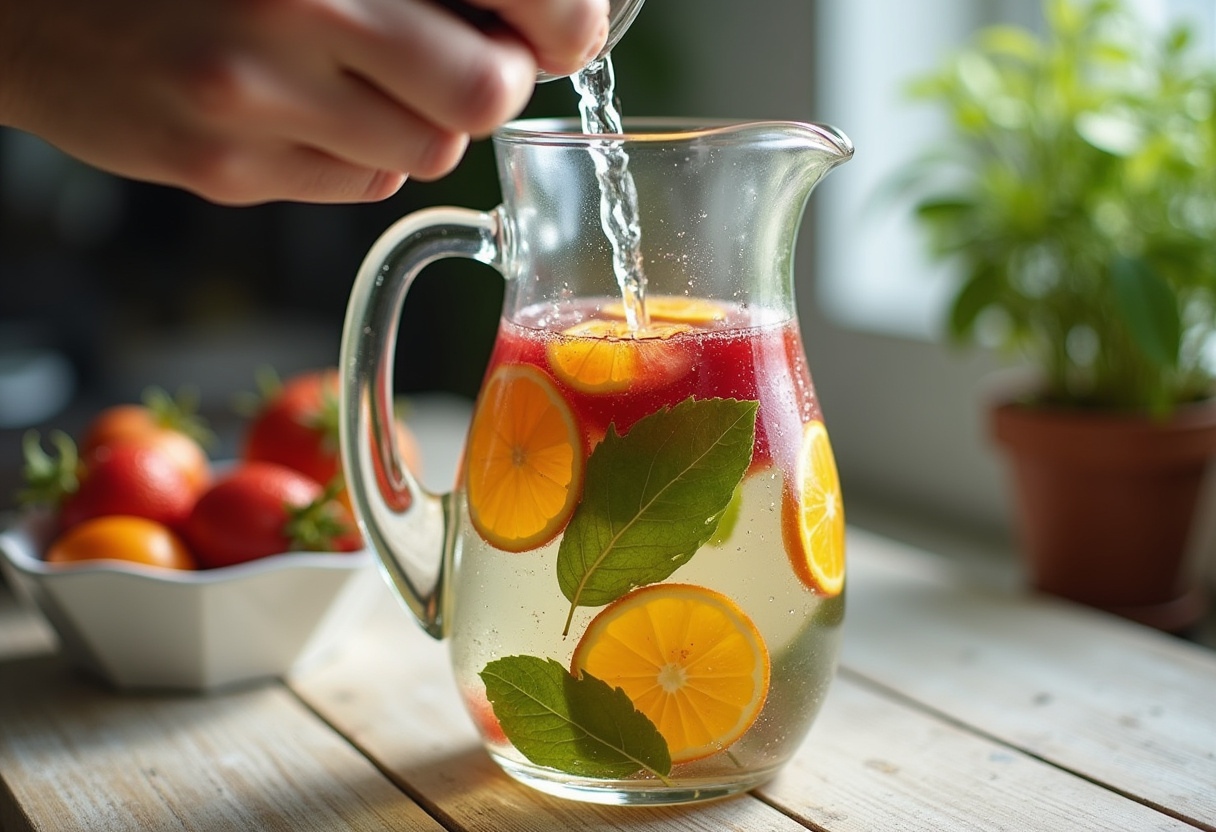 Eau en cours d'infusion avec des fruits frais et des herbes dans un pichet pour la préparation d'eaux infusées.