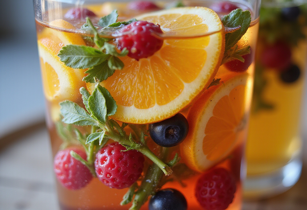 Mélange d'eaux infusées montrant l'infusion colorée de fruits et d'herbes dans l'eau.
