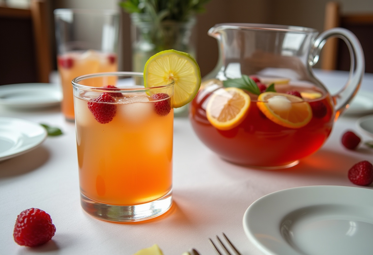 Pichet d'eaux infusées avec des verres préparés pour le service, rehaussant l'expérience de boisson fraîche.
