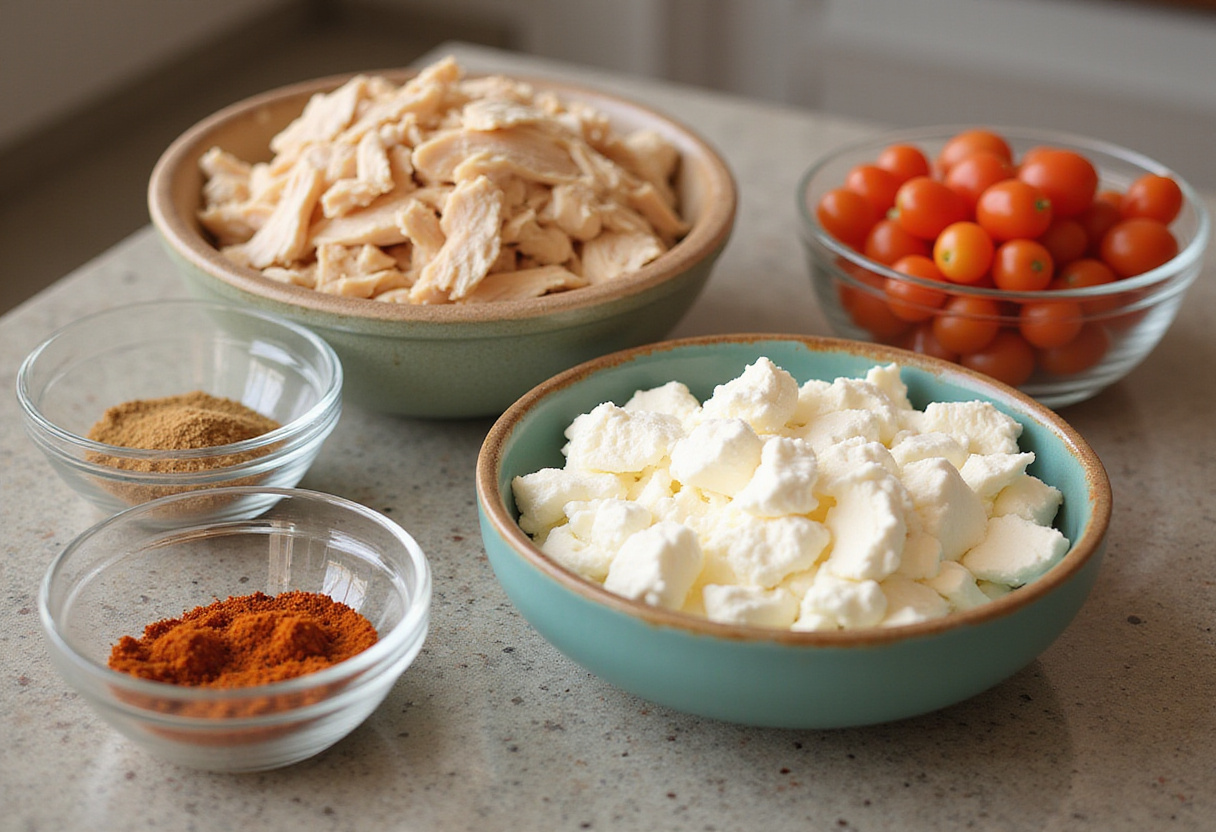 Ingrédients frais pour des enchiladas de poulet et fromage cottage disposés sur le comptoir.