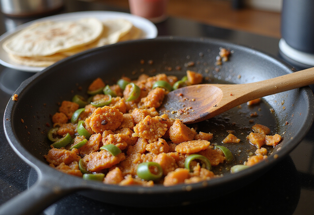 Épices sautées pour la recette enchiladas de poulet, créant une base savoureuse.