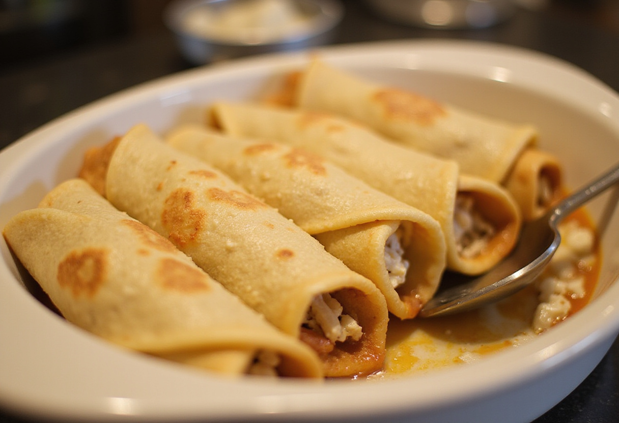 Tortillas contenant du poulet et fromage cottage pour les enchiladas de poulet.