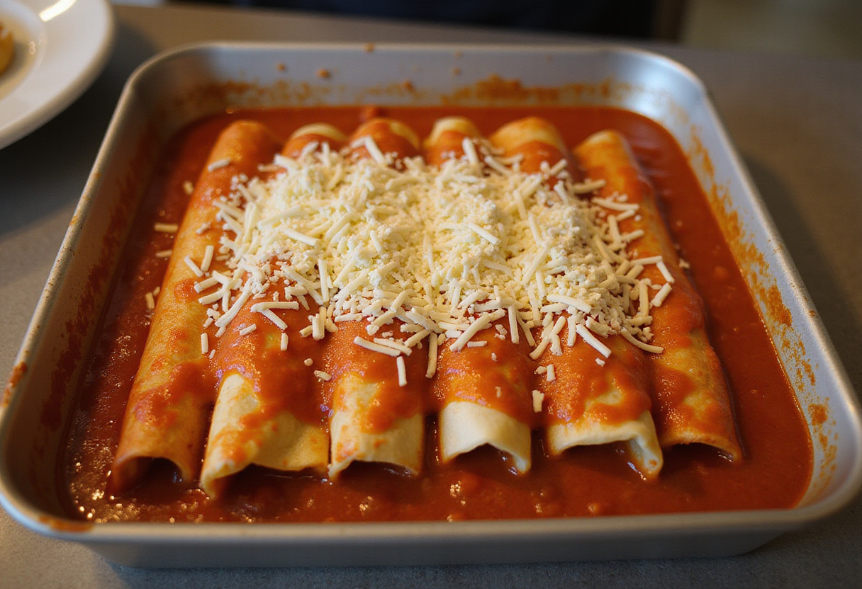 Enchiladas de poulet au fromage cottage recouvertes de sauce tomate et fromage avant cuisson.
