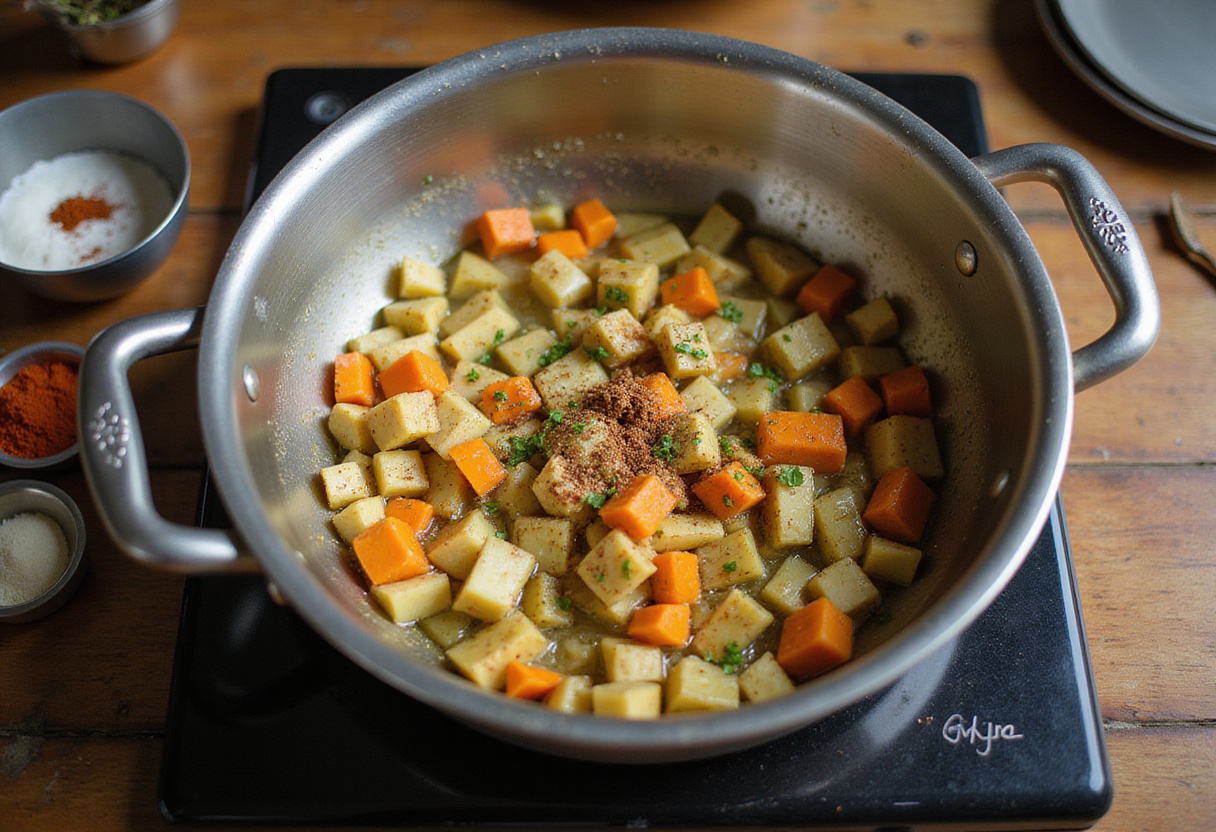Légumes hachés en train de mijoter dans une casserole pour préparer le repas festif de Trap de Parents.