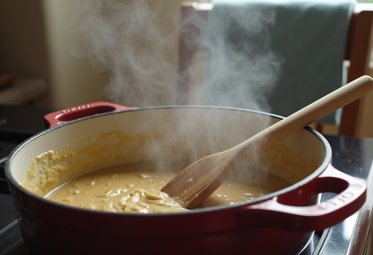 Mélange en train d'être remué dans une casserole pour le plat traditionnel de Trap de Parents.