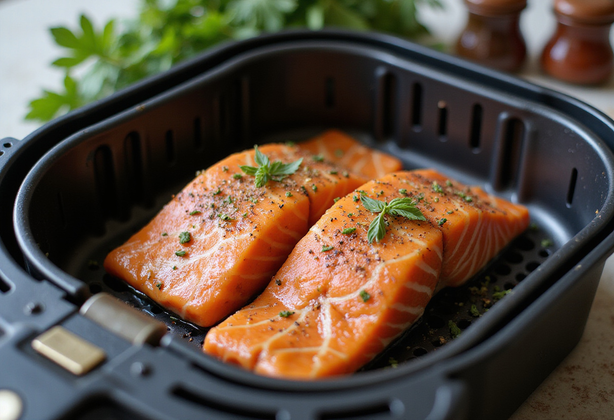 Filets de saumon assaisonnés prêts à être cuits dans une friteuse à air pour une recette de saumon à la friteuse à air.