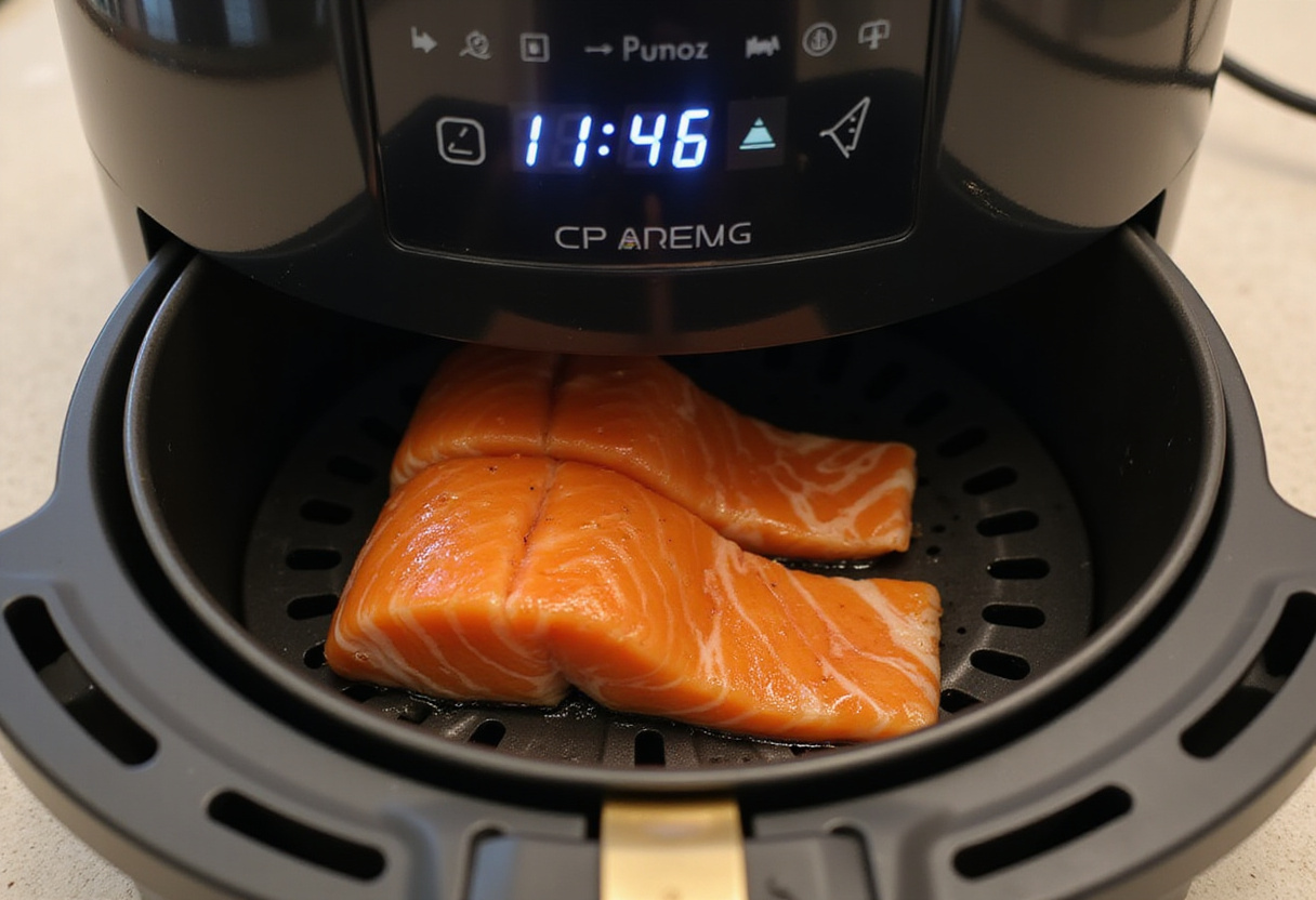 Friteuse à air fermée et prête pour la cuisson des filets de saumon à l'air fryer.