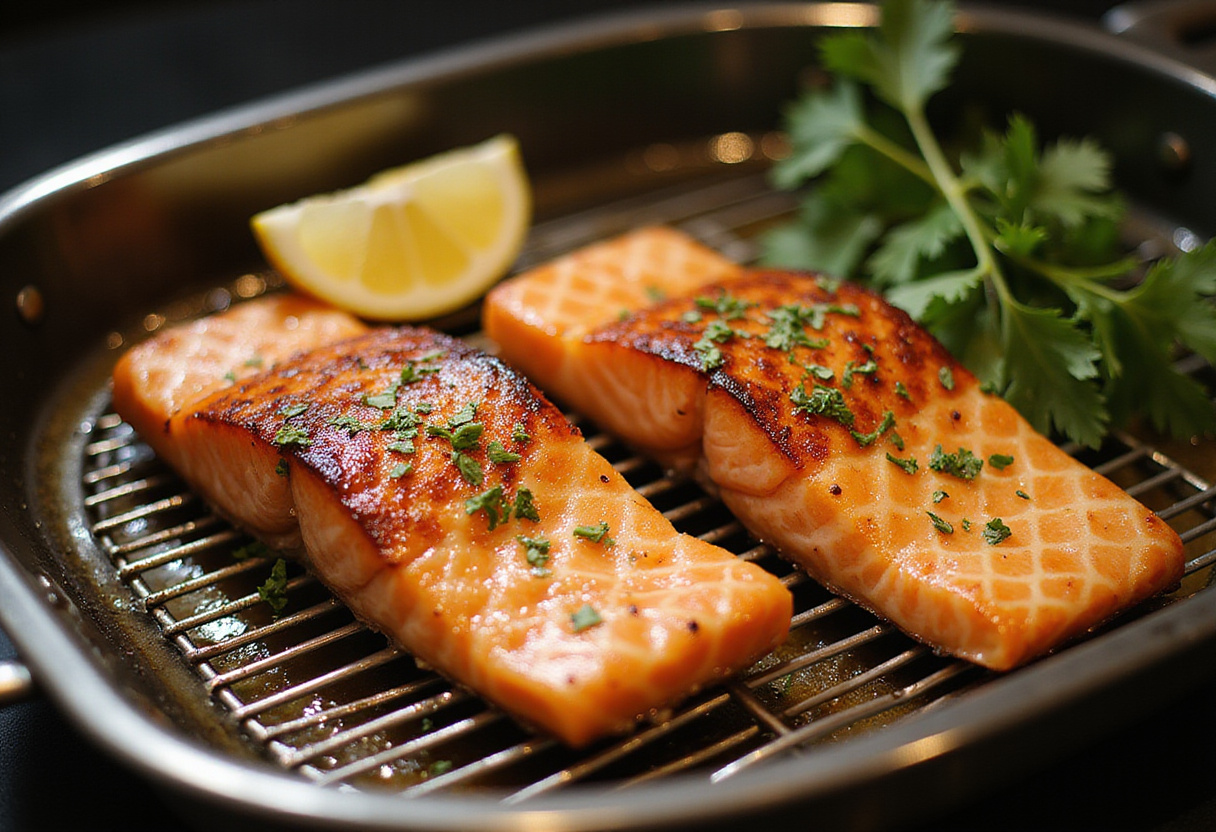 Filets de saumon cuits à la friteuse à air, présentés avec une tranche de citron pour un plat de saumon sain.
