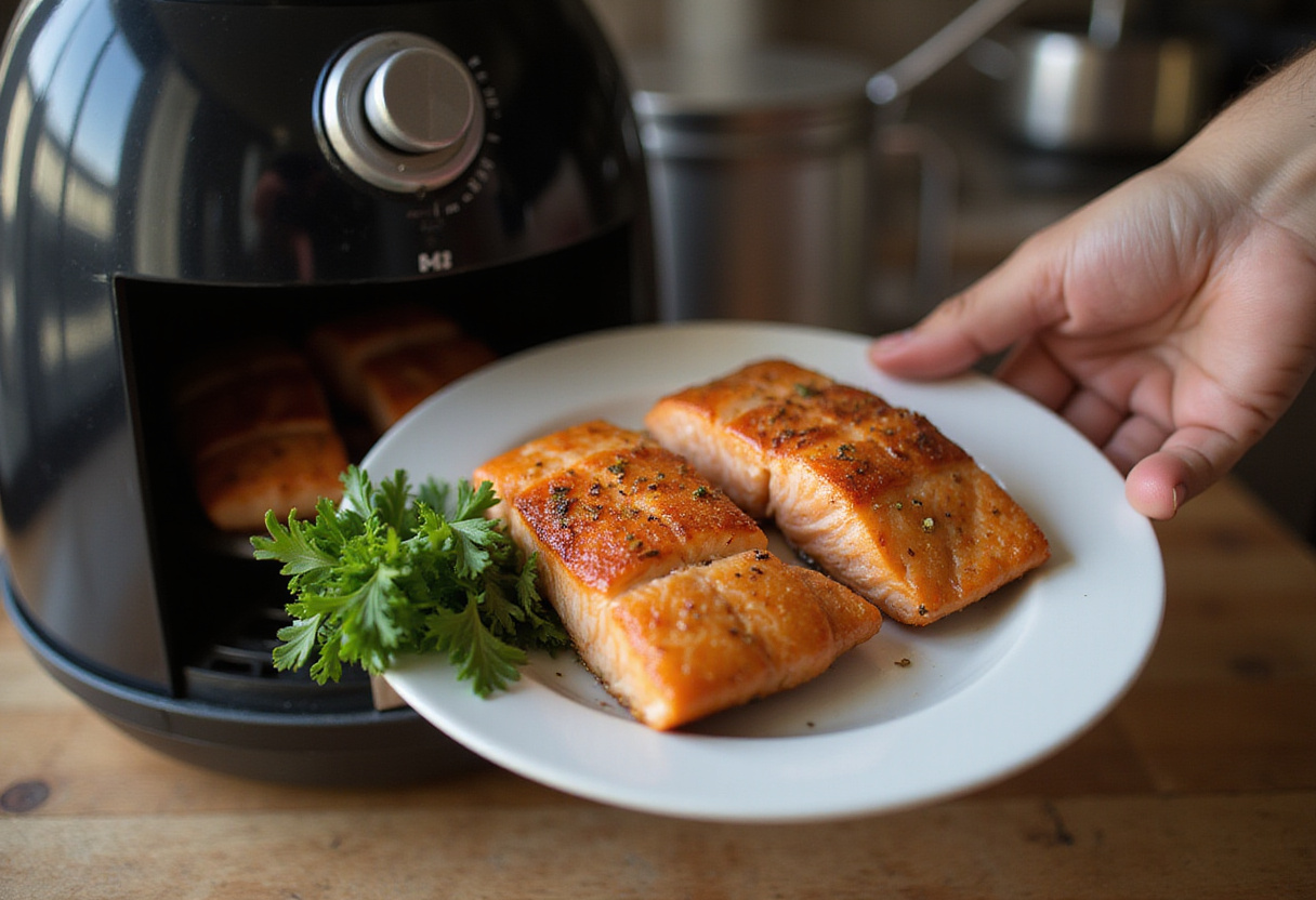 Transfert des filet de saumon de la friteuse à air à une assiette pour une recette saine.