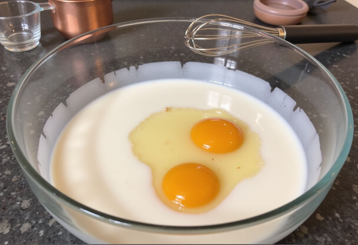 Ingrédients pour le flan sans sucre préparés avec du lait d'amande et des œufs pour un dessert sain sans gluten.