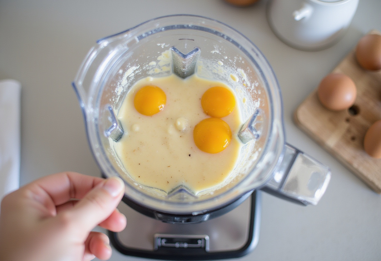 Mélange de flan lisse en cours de mélange pour une délicieuse recette de flan sans sucre.