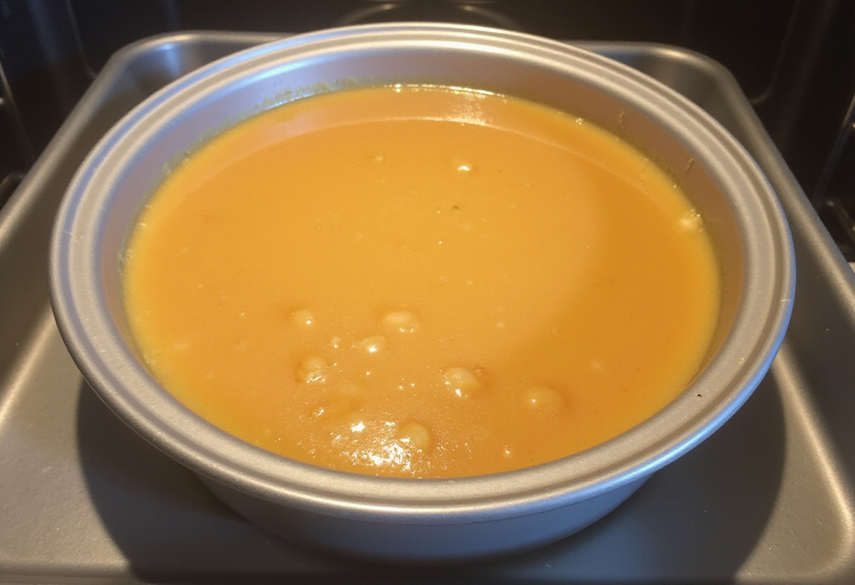 Mélange de flan dans un plat à gratin prêt pour le four, suivant la méthode de dessert flan sans gluten.