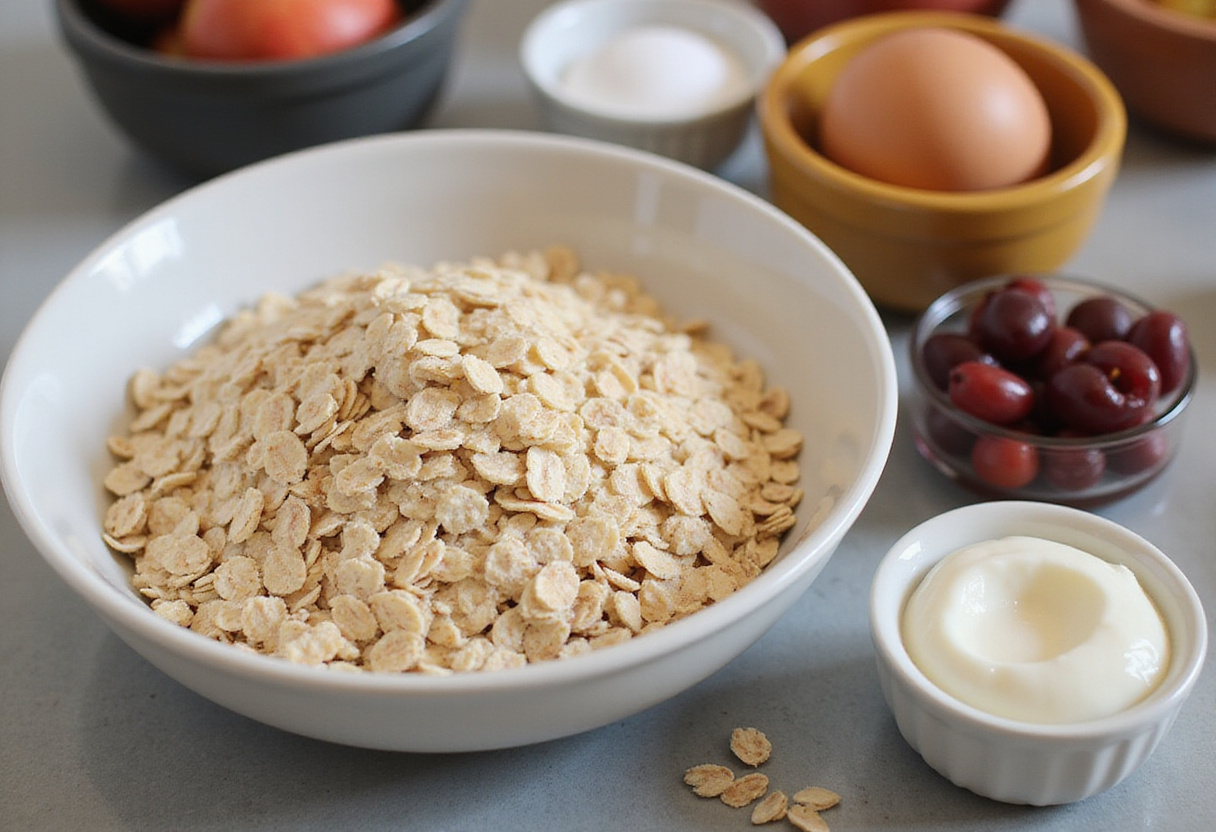 Recette flocons d'avoine avec ingrédients pour le petit déjeuner sain.