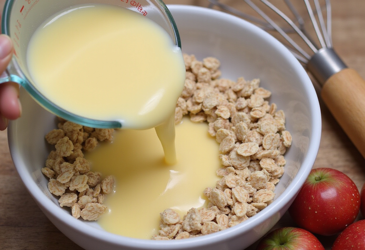 Ajout de blancs d'œufs aux flocons d'avoine pour une recette rapide de petit déjeuner.