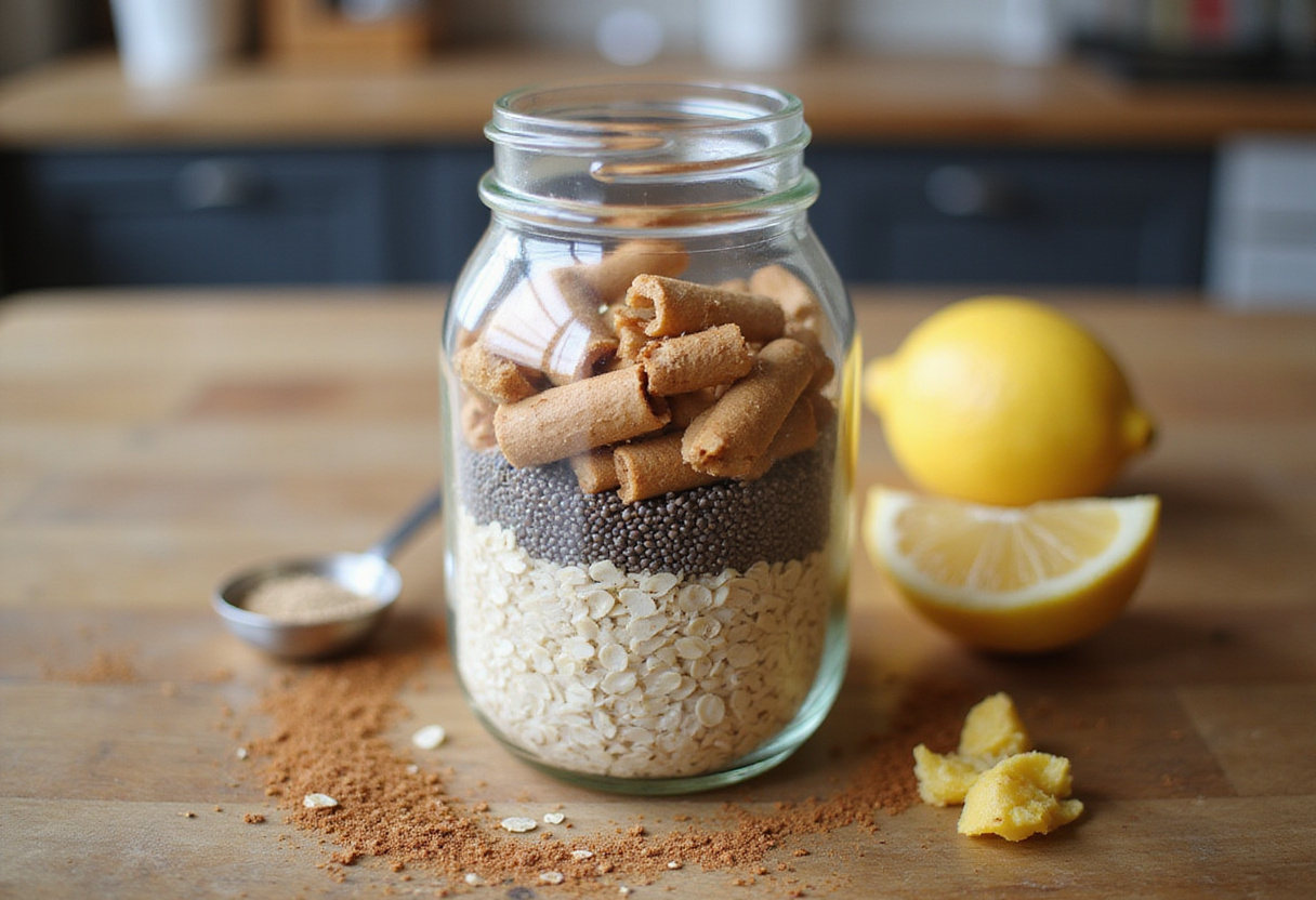 Flocons d'avoine de nuit being layered in a jar with spices and lemon zest for the recipe.