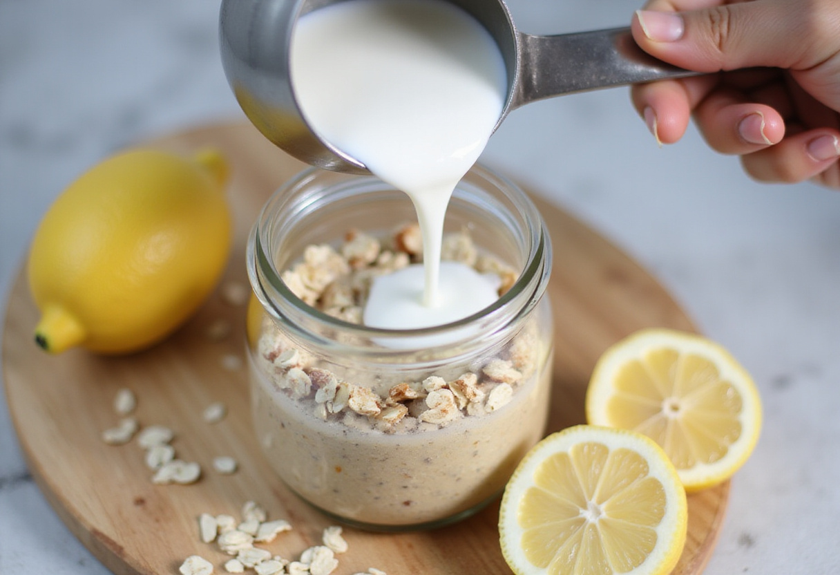 Pouring almond milk over flocons d'avoine de nuit in preparation for a tasty breakfast.