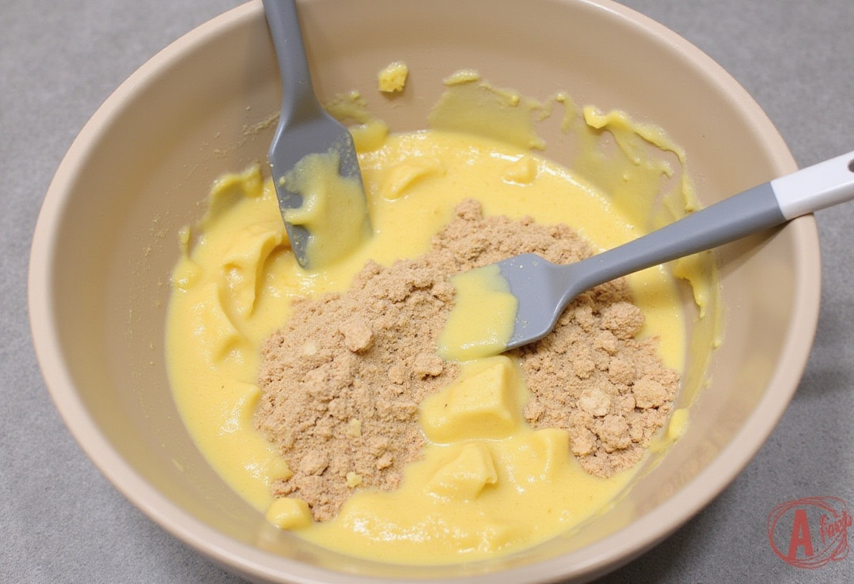 Mélange des ingrédients secs et humides pour le gâteau Colibri dans un grand bol.