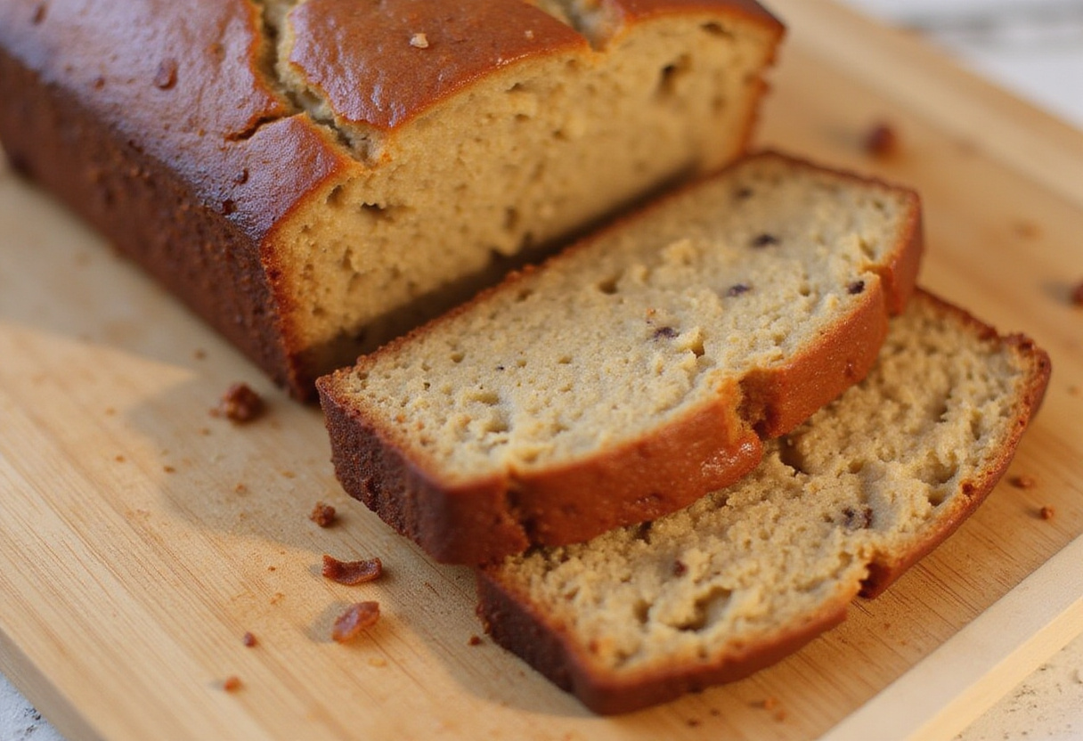 Gâteau à la banane sans sucre fini sur une planche à découper, idéal pour une option de dessert saine.