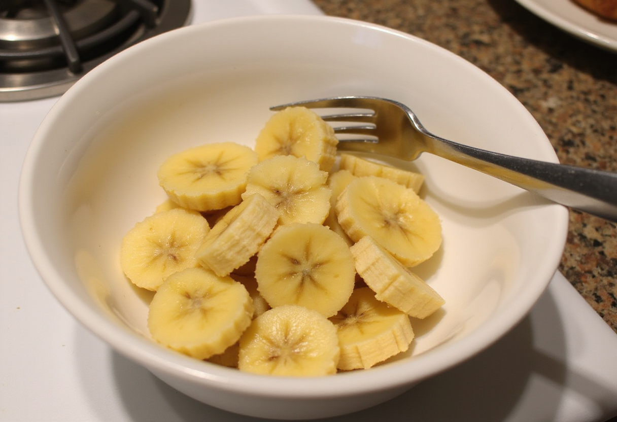 Bananes mûres écrasées dans un bol pour la préparation du gâteau à la banane sans sucre.