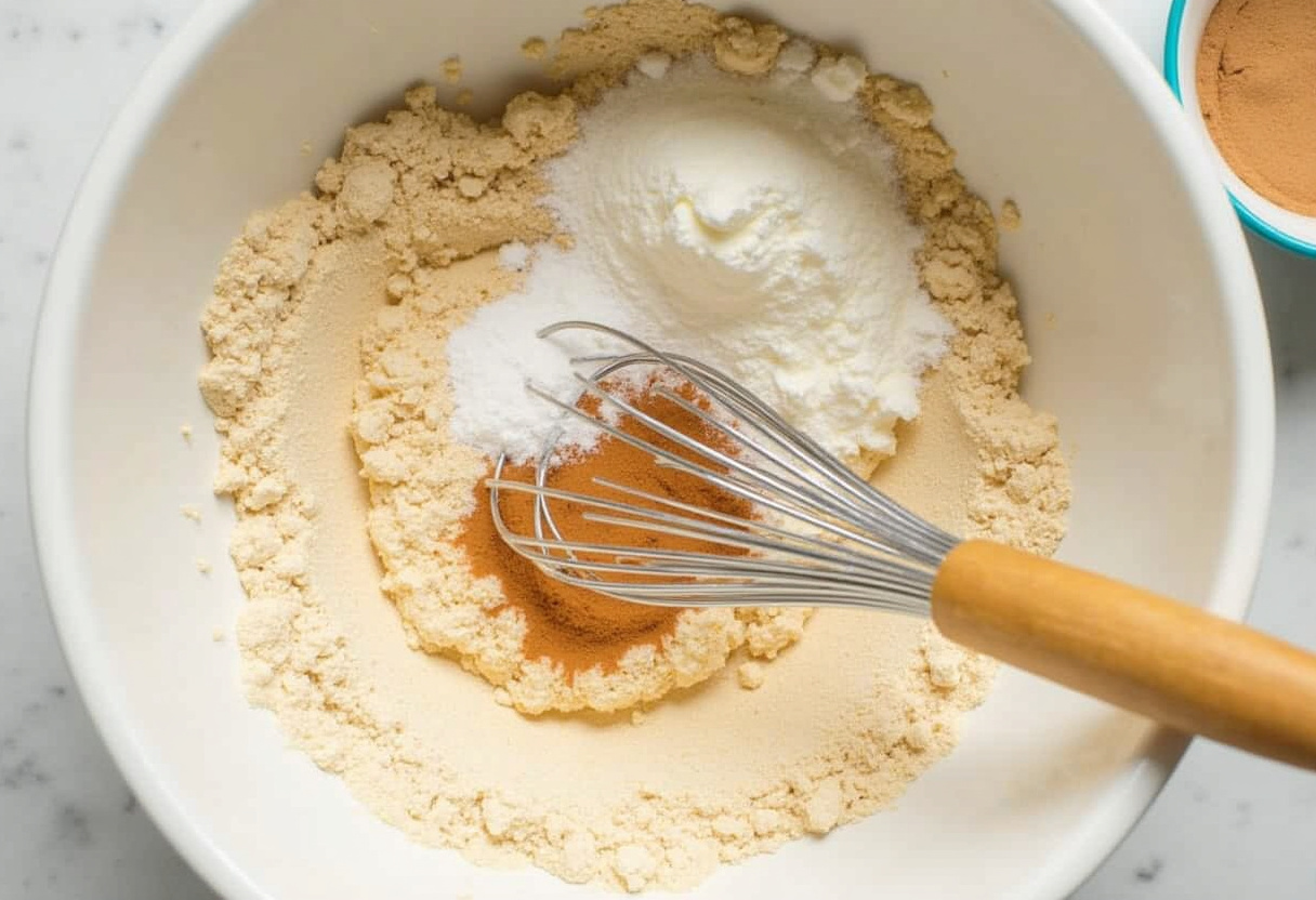 Mélange des ingrédients secs pour une recette de gâteau à la banane sans sucre afin de promouvoir des options de desserts sains.