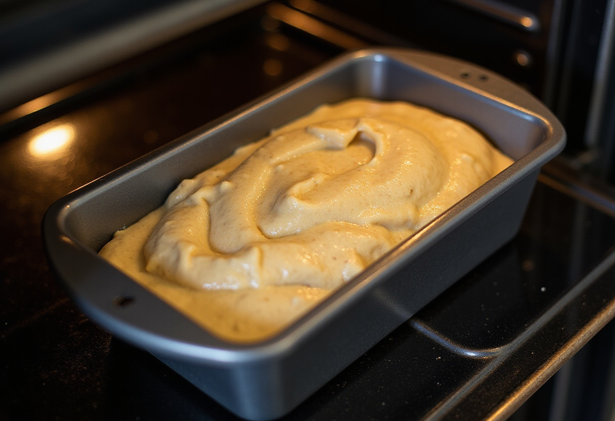 Moule à pain rempli de pâte à gâteau à la banane sans sucre, prêt à être cuit pour une gâterie saine.