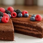 Gâteau au cacao sans sucre ajouté, décoré de baies fraîches, parfait pour un dessert chocolat healthy.