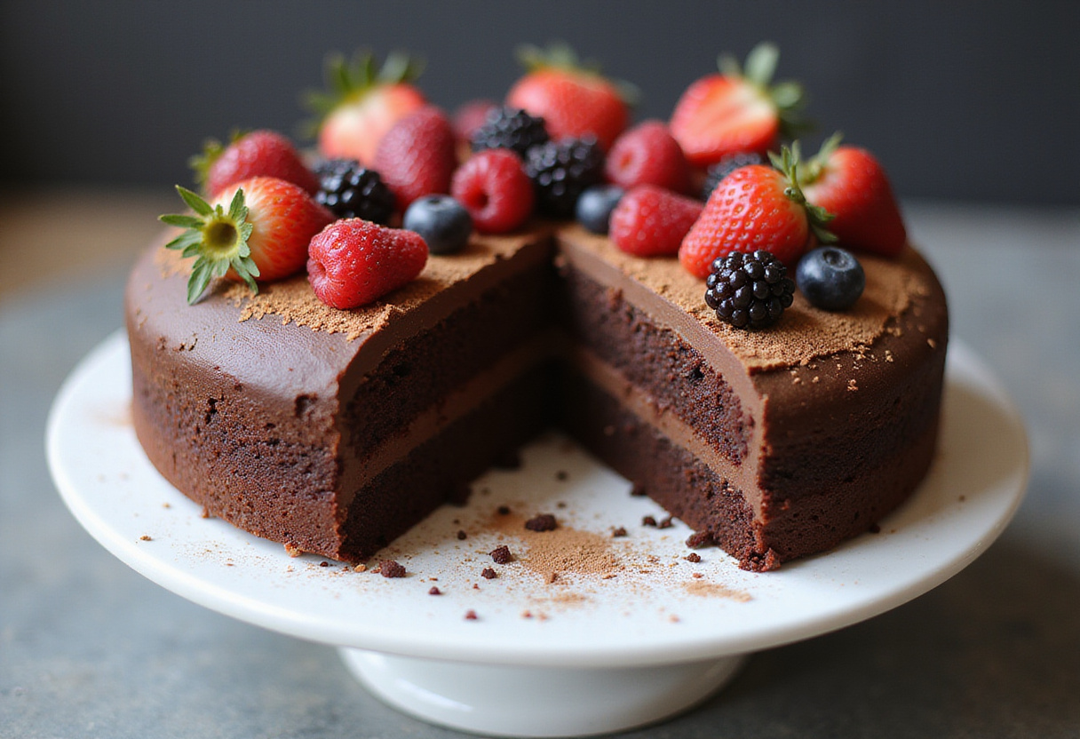 Gâteau au cacao sans sucre ajouté, décoré de baies fraîches, parfait pour un dessert chocolat healthy.