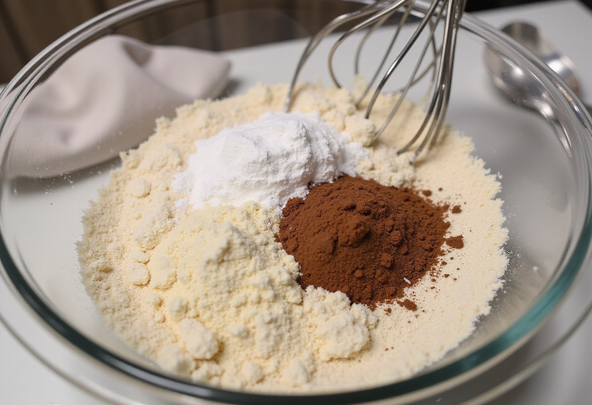 Préparation de la base pour le gâteau au cacao sans sucre ajouté avec farine d'amande et poudre de cacao.