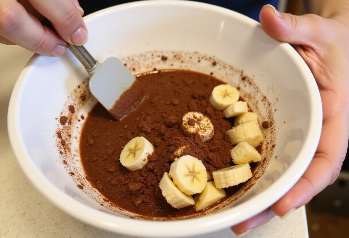 Mélange de recettes de gâteau au cacao sans sucre avec bananes écrasées et extrait de vanille.