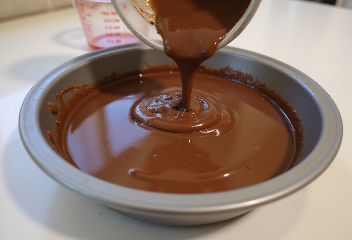 Remplissage d'un moule avec la pâte à gâteau au cacao sans sucre ajouté.