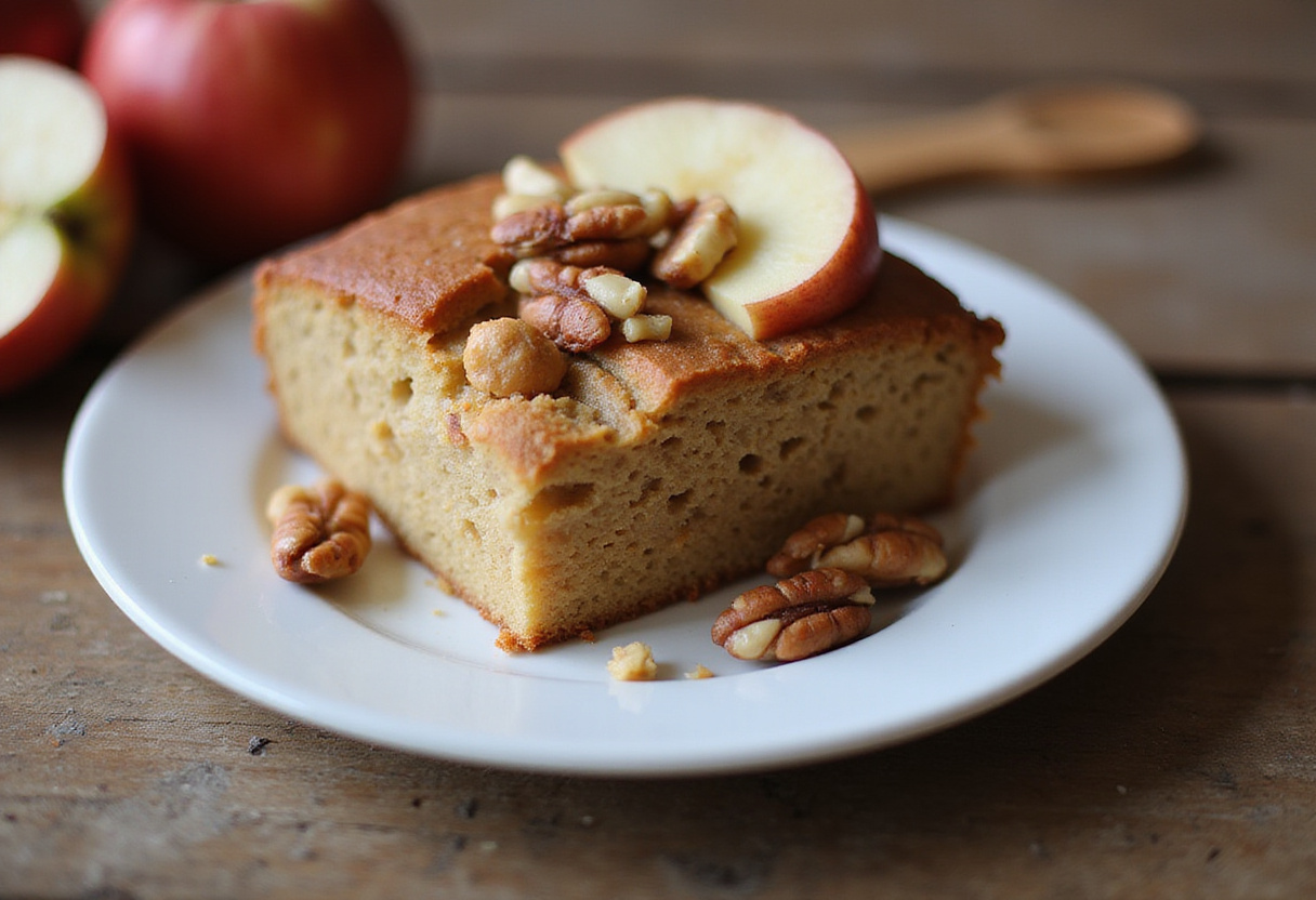Tranche de gâteau aux pommes et noix sans gluten, prête à être servie.