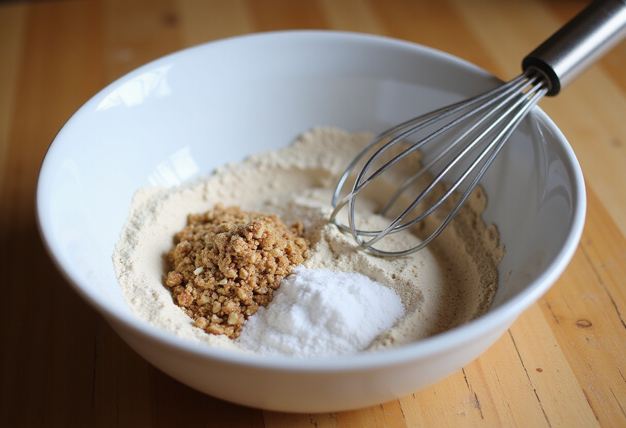 Ingrédients secs pour un gâteau aux pommes sans gluten prêts à mélanger.