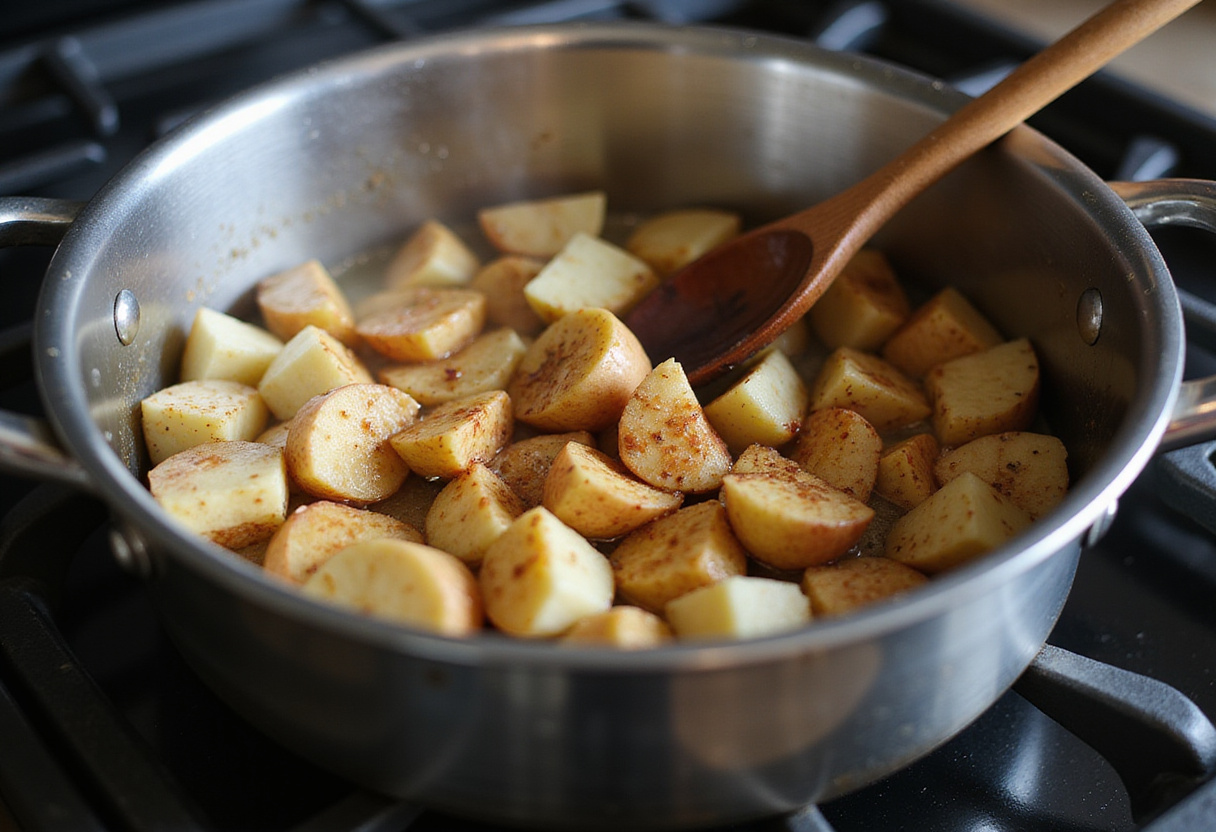 Pommes et épices mijotant pour un gâteau aux pommes sans gluten.