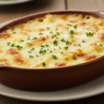 Finished gratin de philly cheesesteak with golden cheese crust, perfect for a low-carb meal.