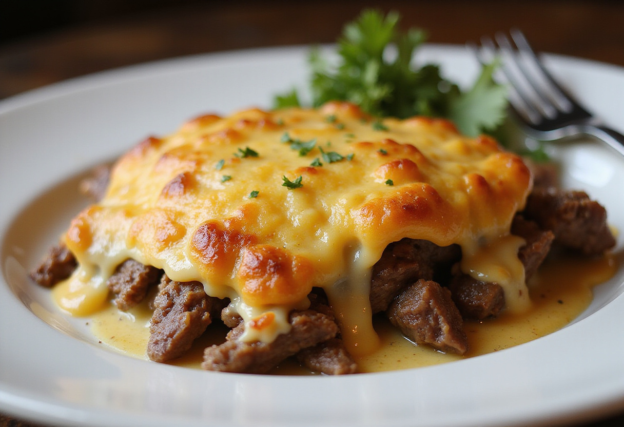 Finished gratin de philly cheesesteak with golden cheese crust, perfect for a low-carb meal.