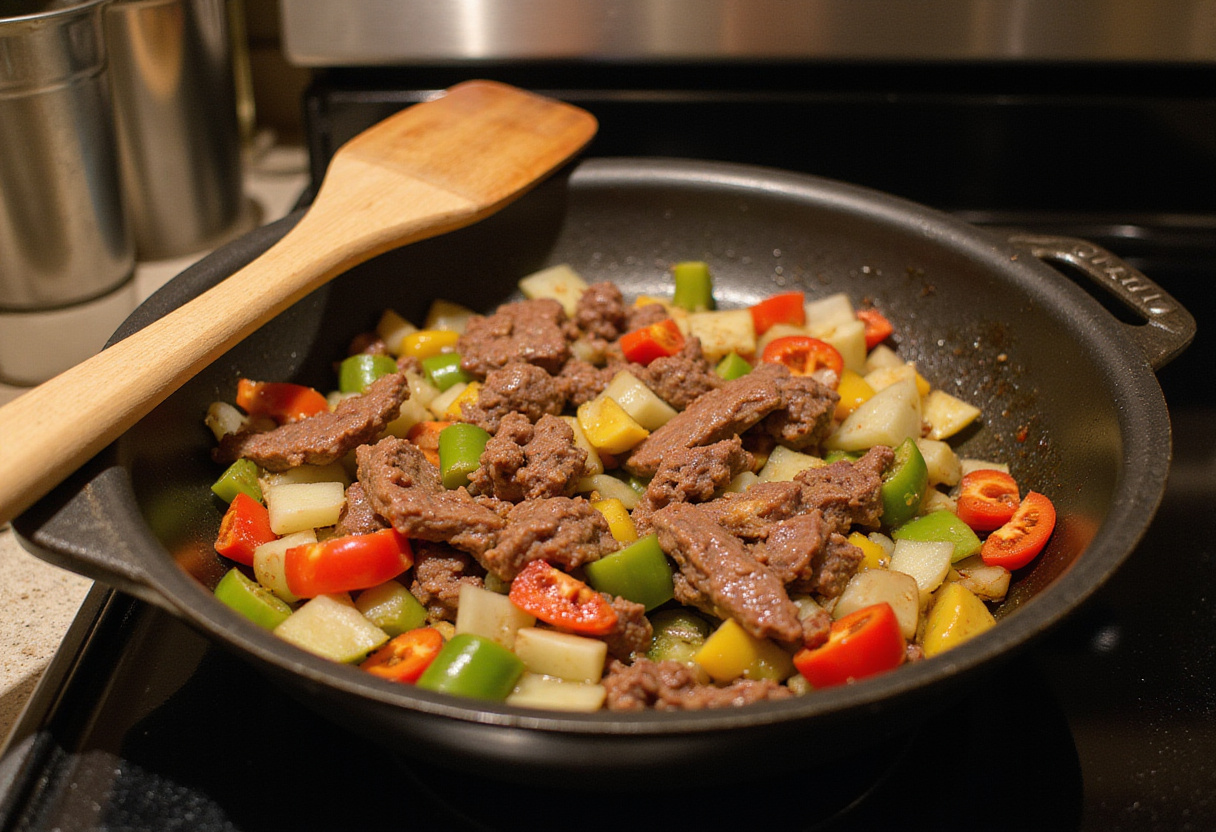 Diced bell peppers, onions, and beef sizzling in a skillet for gratin de philly cheesesteak.