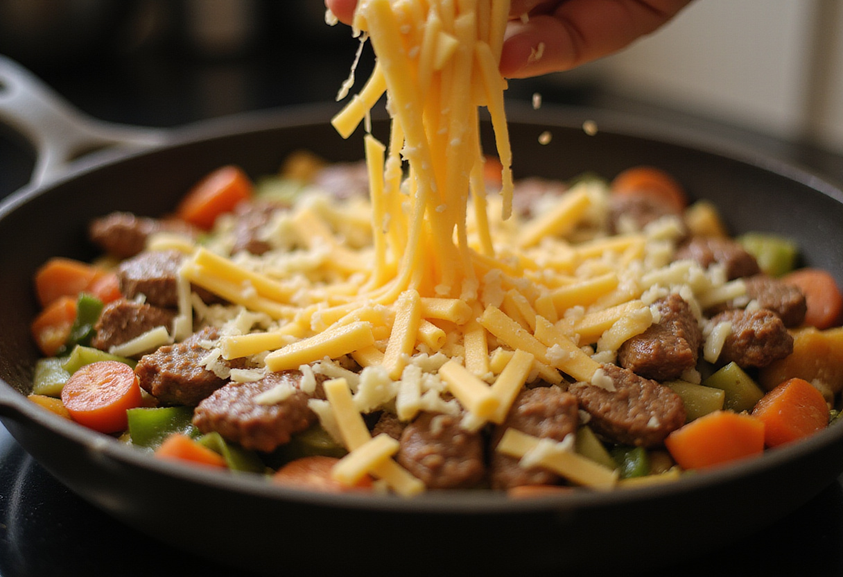 Melting cheese being added to the mixture in the skillet for philly cheesesteak gratin recipe.
