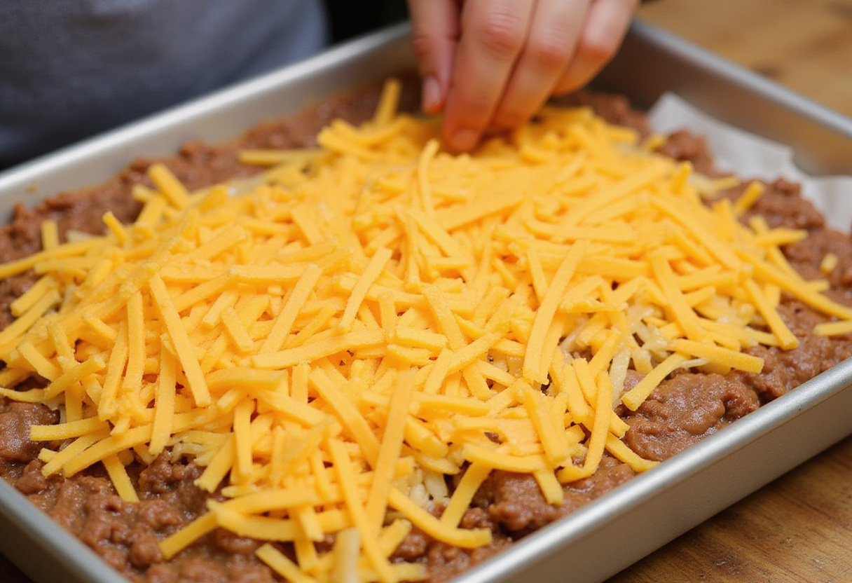 Filling a baking dish with beef and cheese for gratin de philly cheesesteak.
