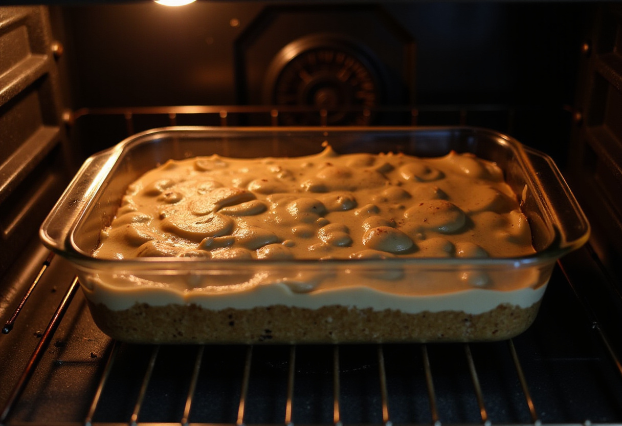 Baking dish of philly cheesesteak gratin ready to bake in the oven.
