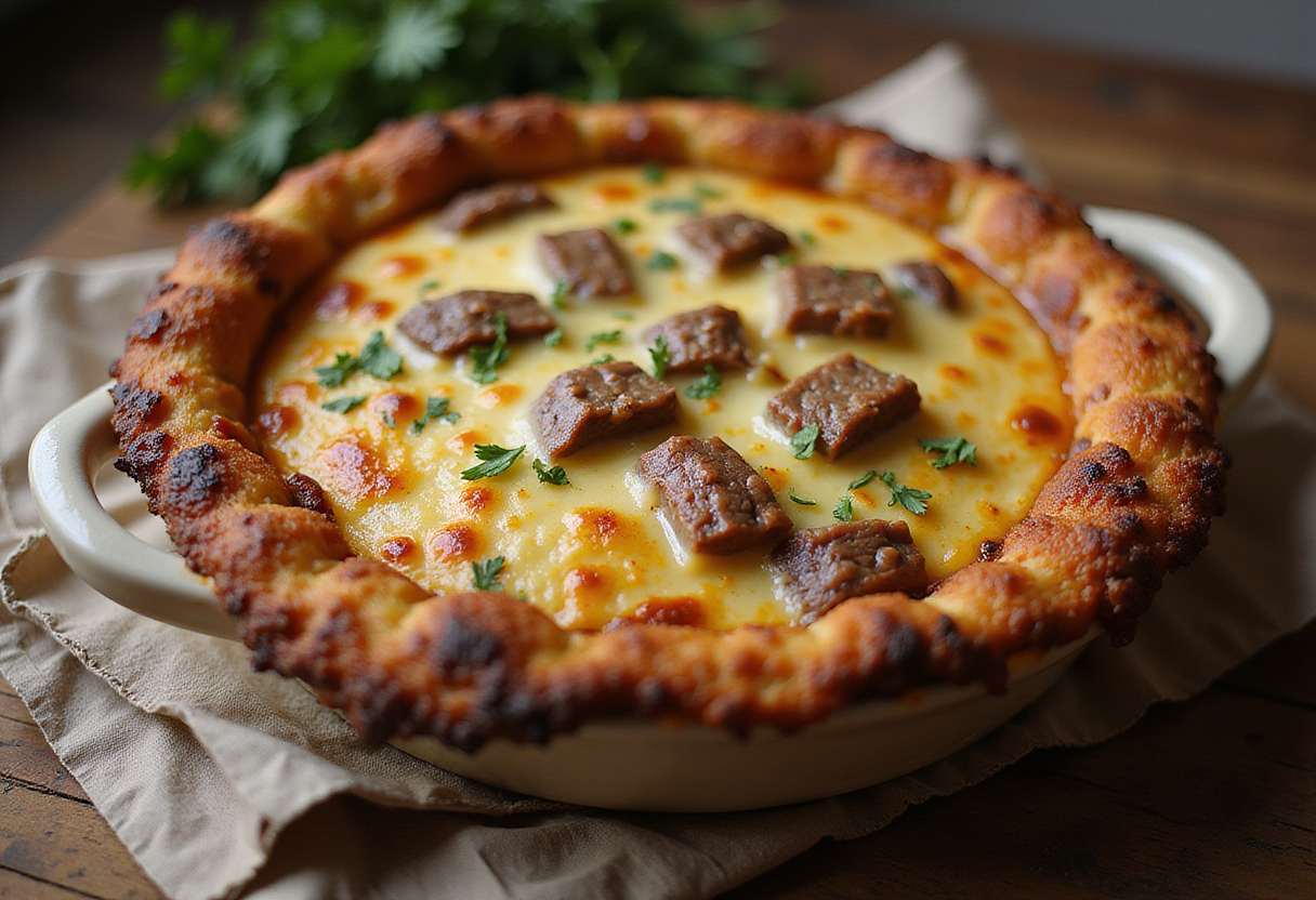 Gratin de boeuf fini, parfaitement cuit et prêt à être dégusté.