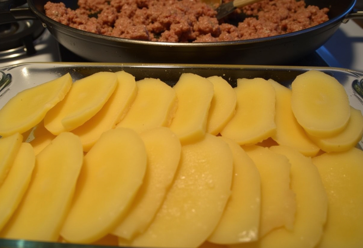 Pommes de terre tranchées finement en couches pour le gratin de boeuf dans un plat à gratin.