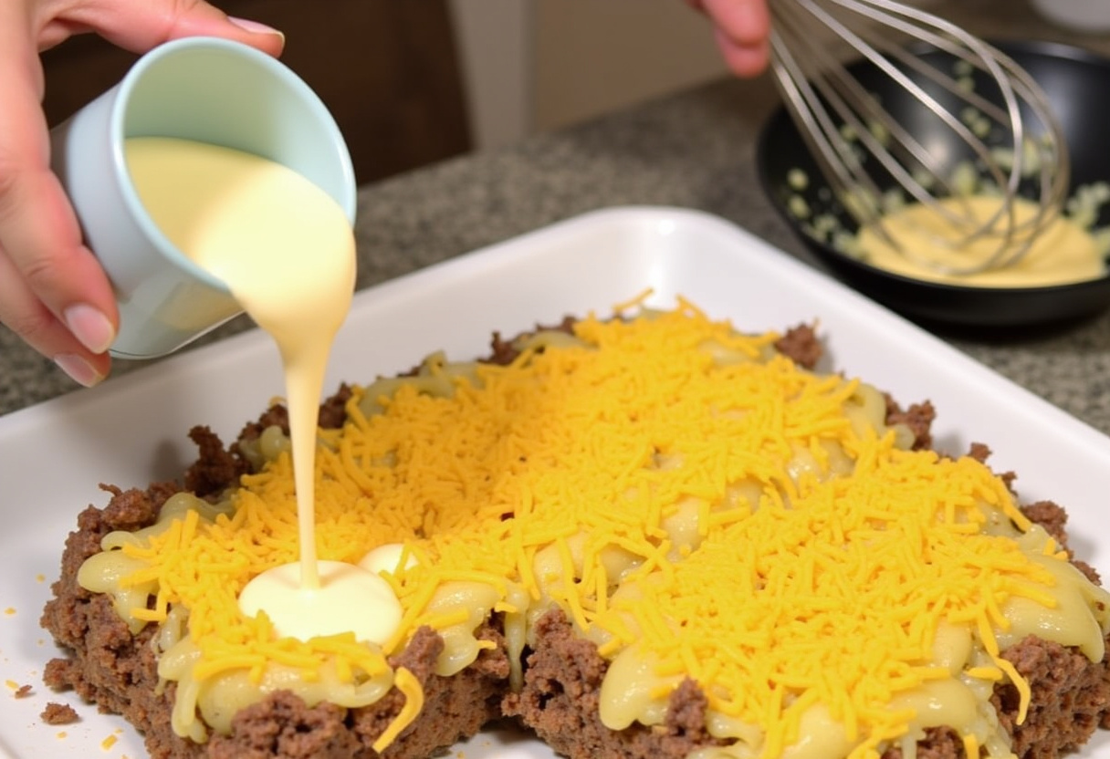 Mélange de crème et de fromage versé sur les pommes de terre et le boeuf pour faire du gratin de boeuf.