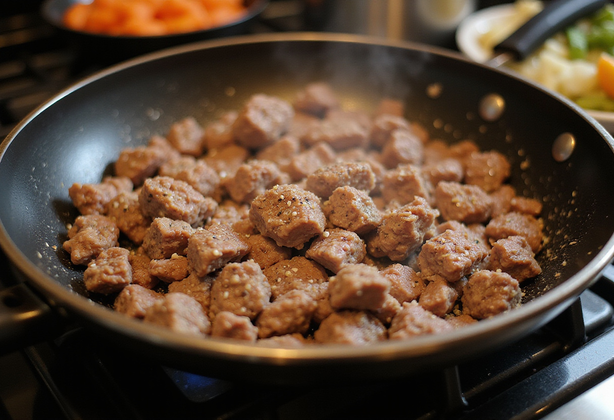 Browning ground beef for a delicious gratin de boeuf haché et courgettes recipe.