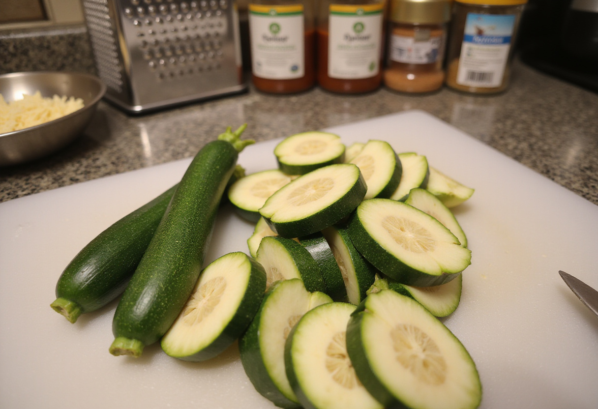 Sliced zucchinis prepared for gratin de boeuf haché et courgettes, a tasty family recipe.